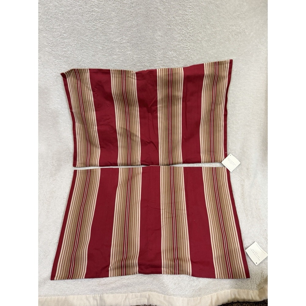 NWT 2 Pottery Barn Ombre Stripe Pillow Covers Red Beige 16x26 Linen Cotton